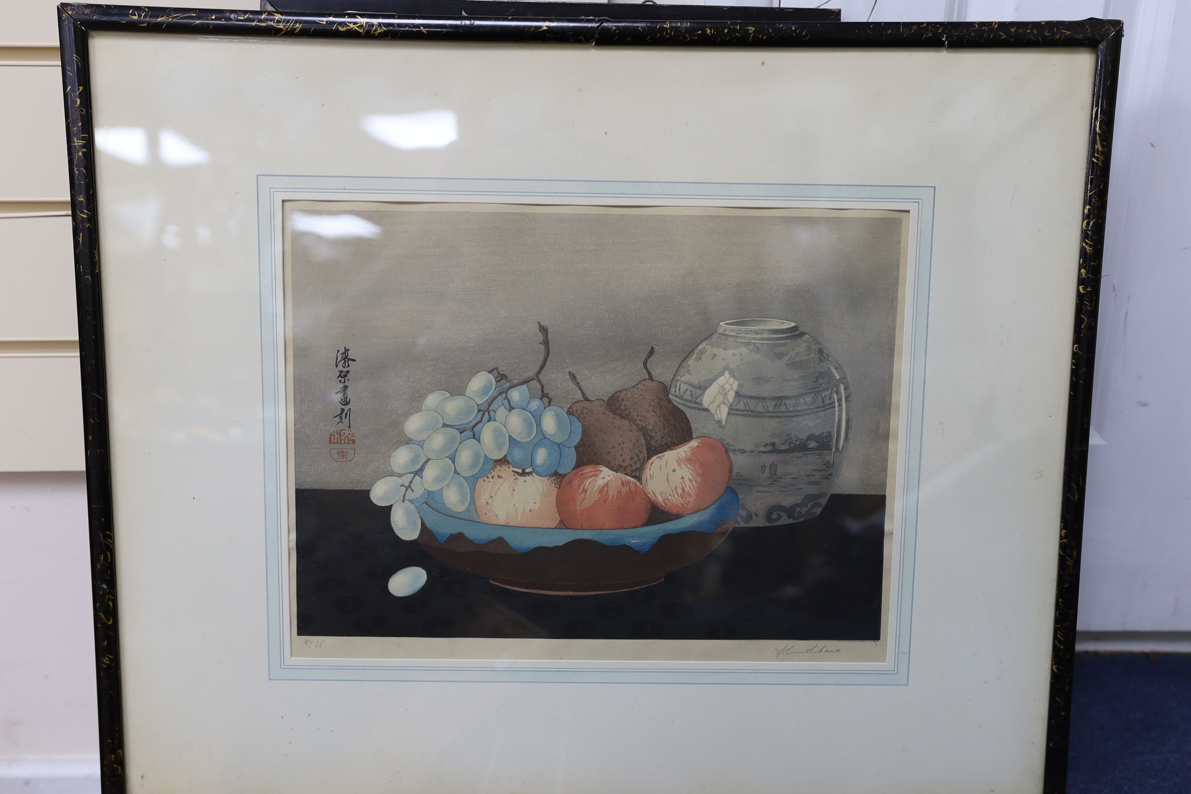 Japanese School, four assorted woodblock prints including an Urushibara still life, 29 x 38cm, with a Chinese print of a sage riding a buffalo